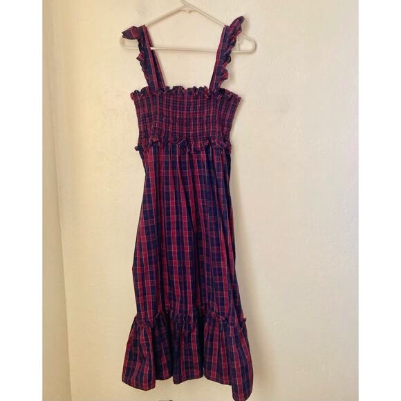 Nicole Miller Women's Midi Dress Size L Red Dark Navy Blue Plaid Ruffle NWOT - Picture 3 of 5